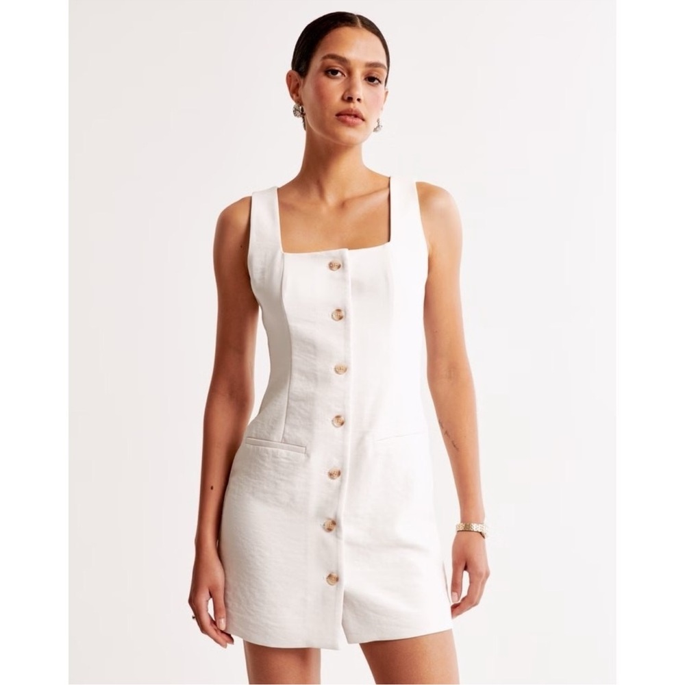 Abercrombie & Fitch Cream Square-Neck Button-Front Mini Dress